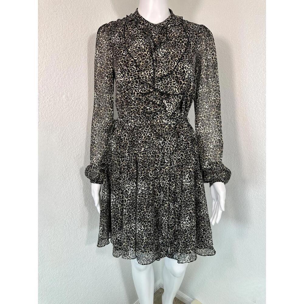 Women’s Size 0 Saloni Tilly Silk Leopard Print Ruffle Mini Dress Long Sleeve